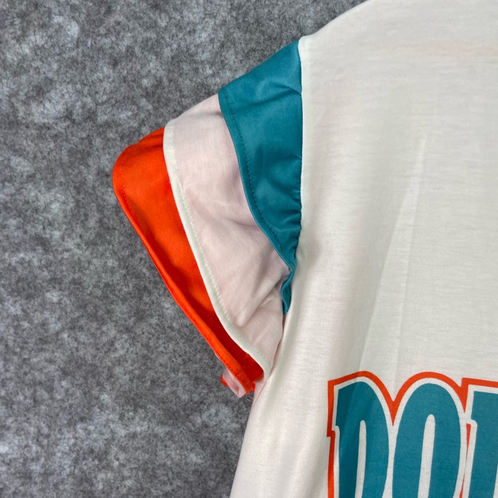 Miami Dolphins Shirt Womens Large White NFL Football V Neck Ruffle Sleeve Tee - Picture 3 of 8